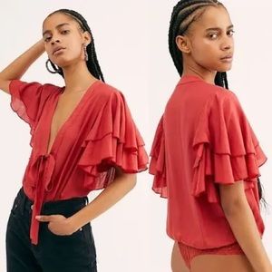 Free People- Call Me Later Ruffle Rust Red bodysuit- size S